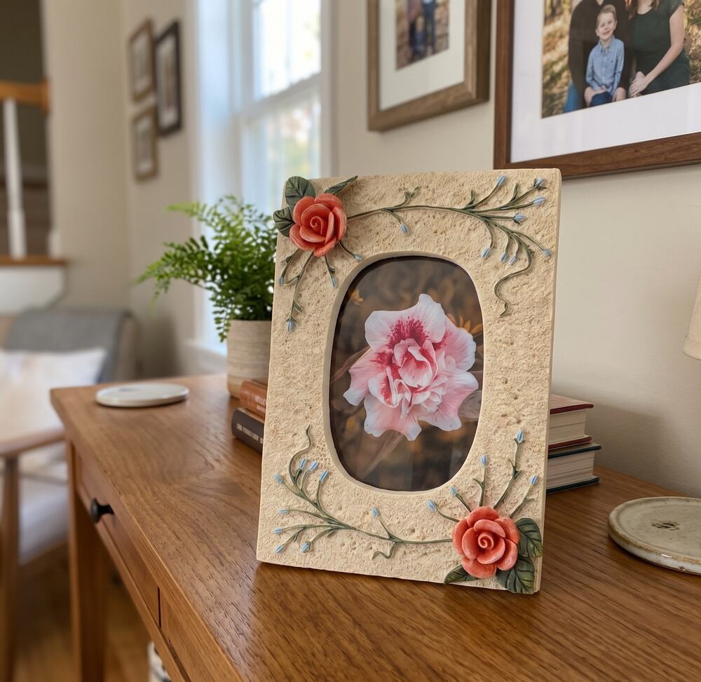 Vintage Travertine Look Picture Frame 3x4.5 Red Rose 3D Floral Oval Window Stand